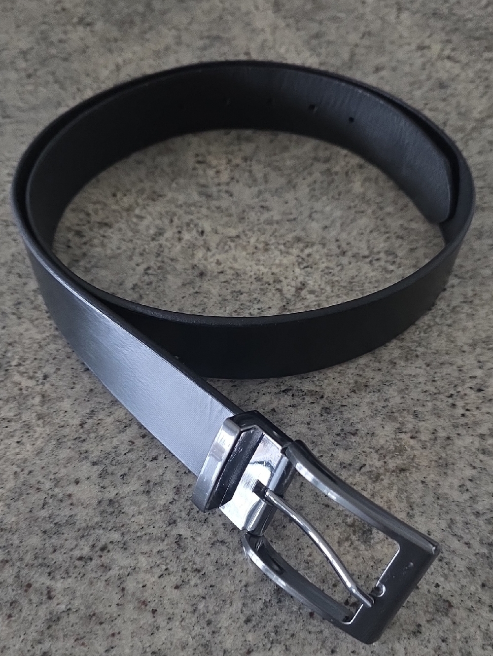 Black Genuine Leather Belt with Silver Pewter -Tone Hardware
